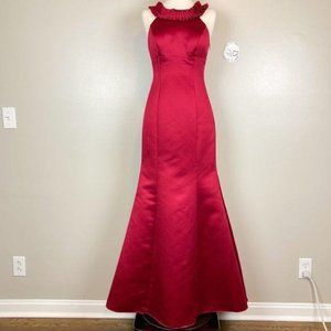 BARI JAY - 6 - Dark Red Pleated Neck Mermaid Maxi Gown